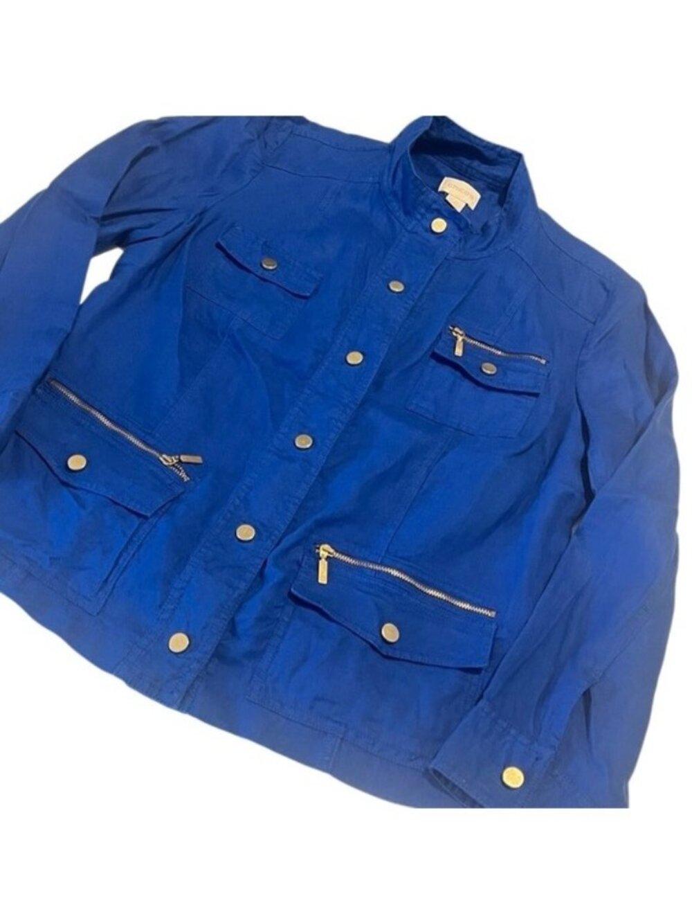 Chico's Vibrant Blue Linen Snap Front Pockets Jacket Size Medium
